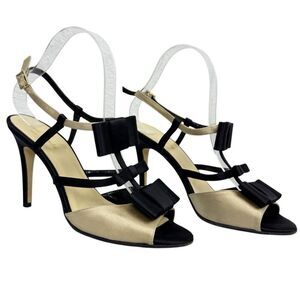 Kate Spade Satin T-Strap Gold and Black Bow Strappy Sandal Size US 8 B Stiletto